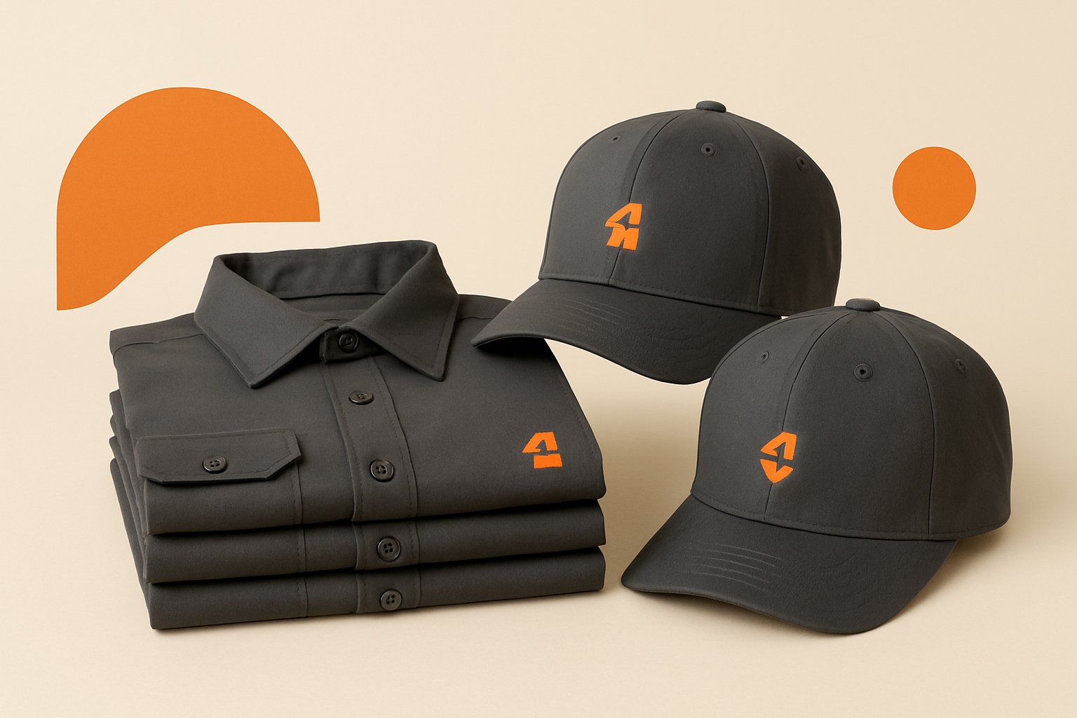 Neatly arranged embroidered hats and printed shirts with abstract graphics