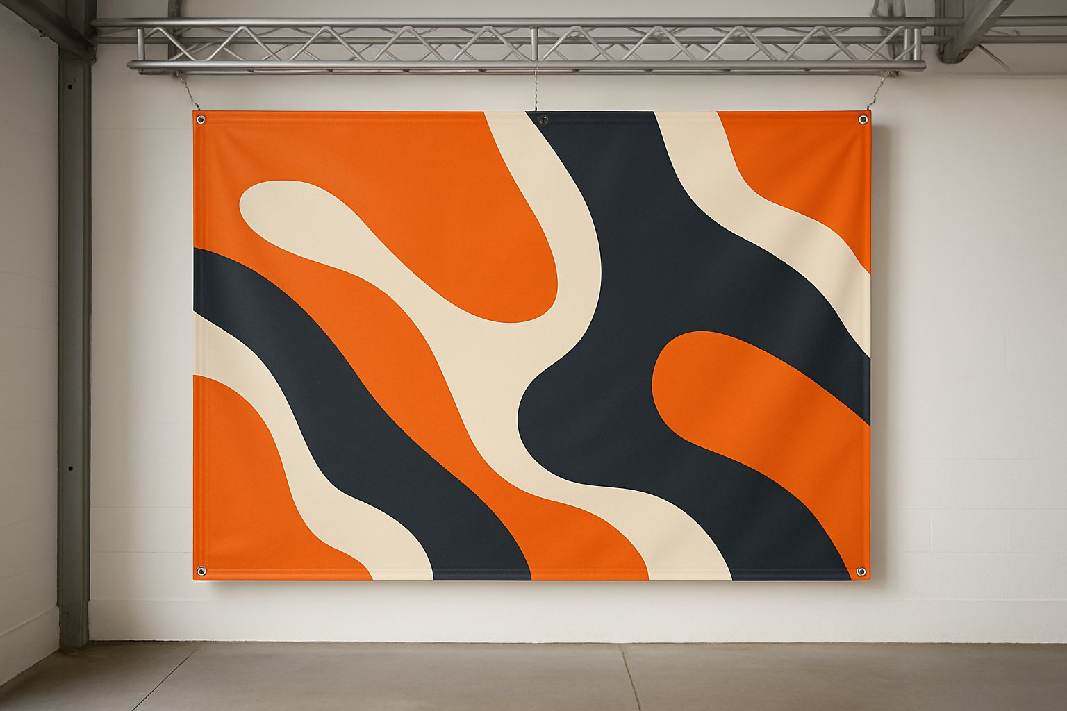 Bright hanging banner with abstract shapes and no readable lettering