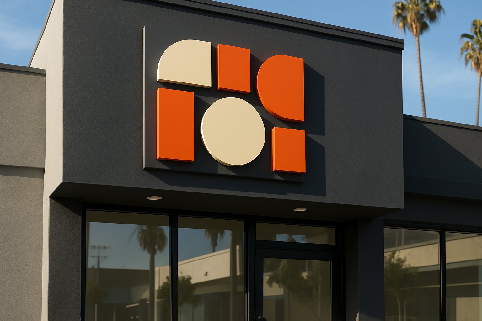 Modern storefront with a bold abstract dimensional business sign