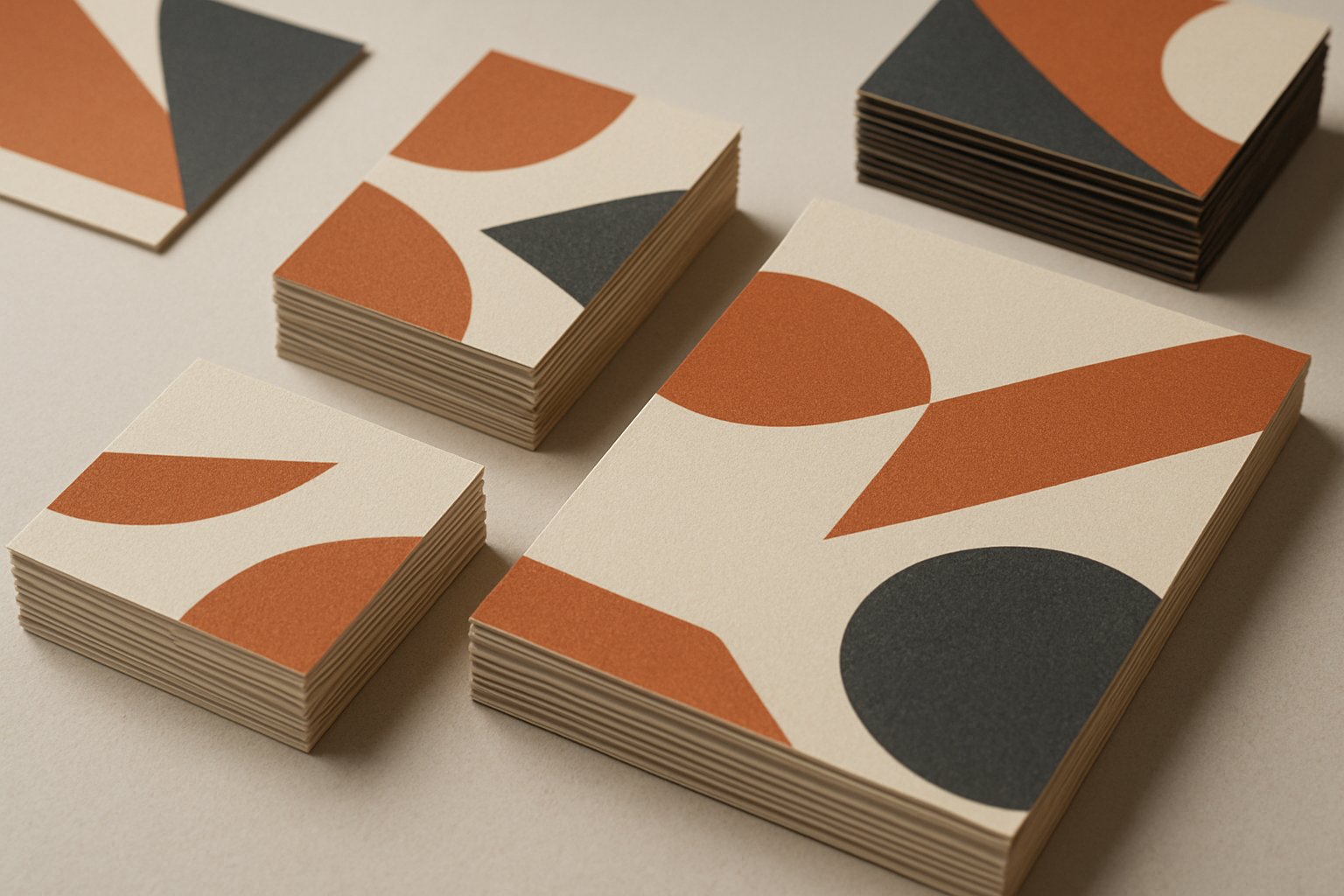 Stacks of colorful business cards and flyers with abstract layouts