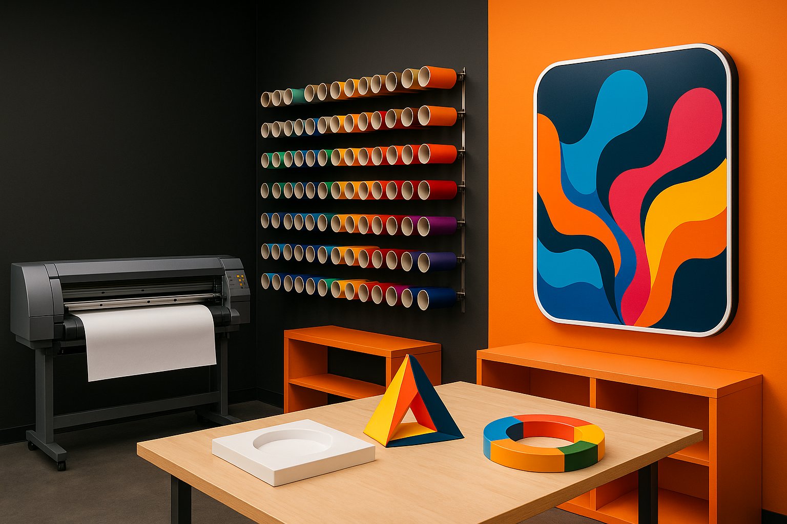 Vibrant organized sign and print shop with colorful graphics samples