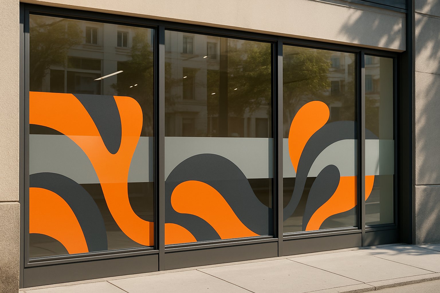 Storefront windows with clean frosted and colorful abstract vinyl graphics